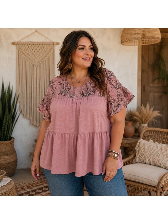 St. John's Bay Tops - St. Johns Bay Womens Pink Lace Floral Yoke Flutter Sleeve Tunic XL Cottagecore